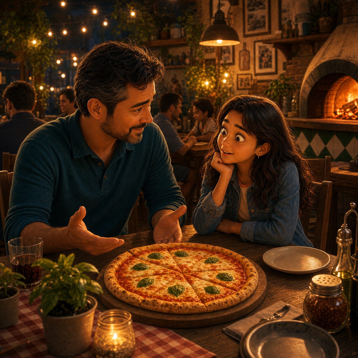 Pai e filha conversando em uma pizzaria